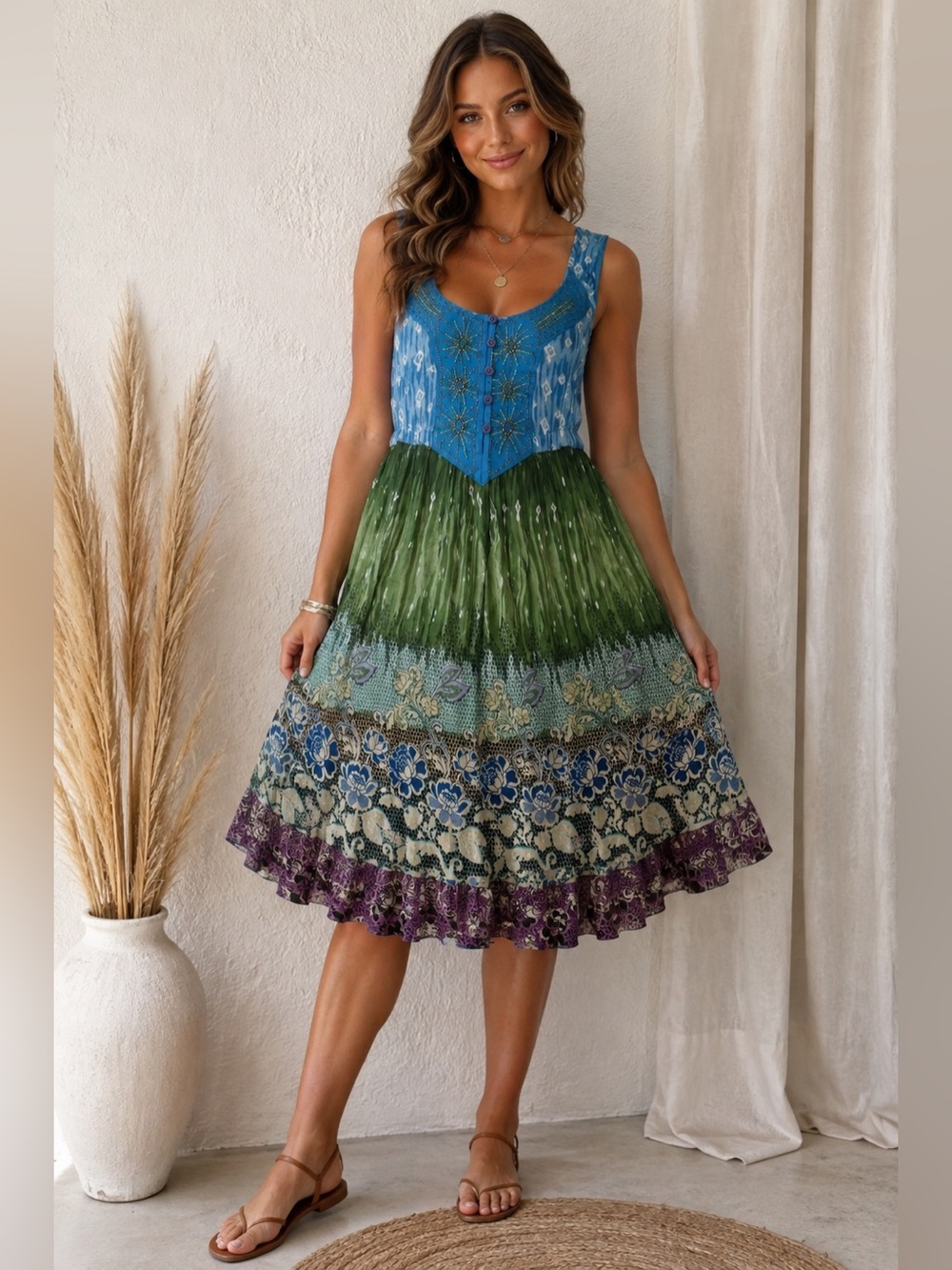 Forbidden Boho Embroidered 100% Rayon Midi Dress XS